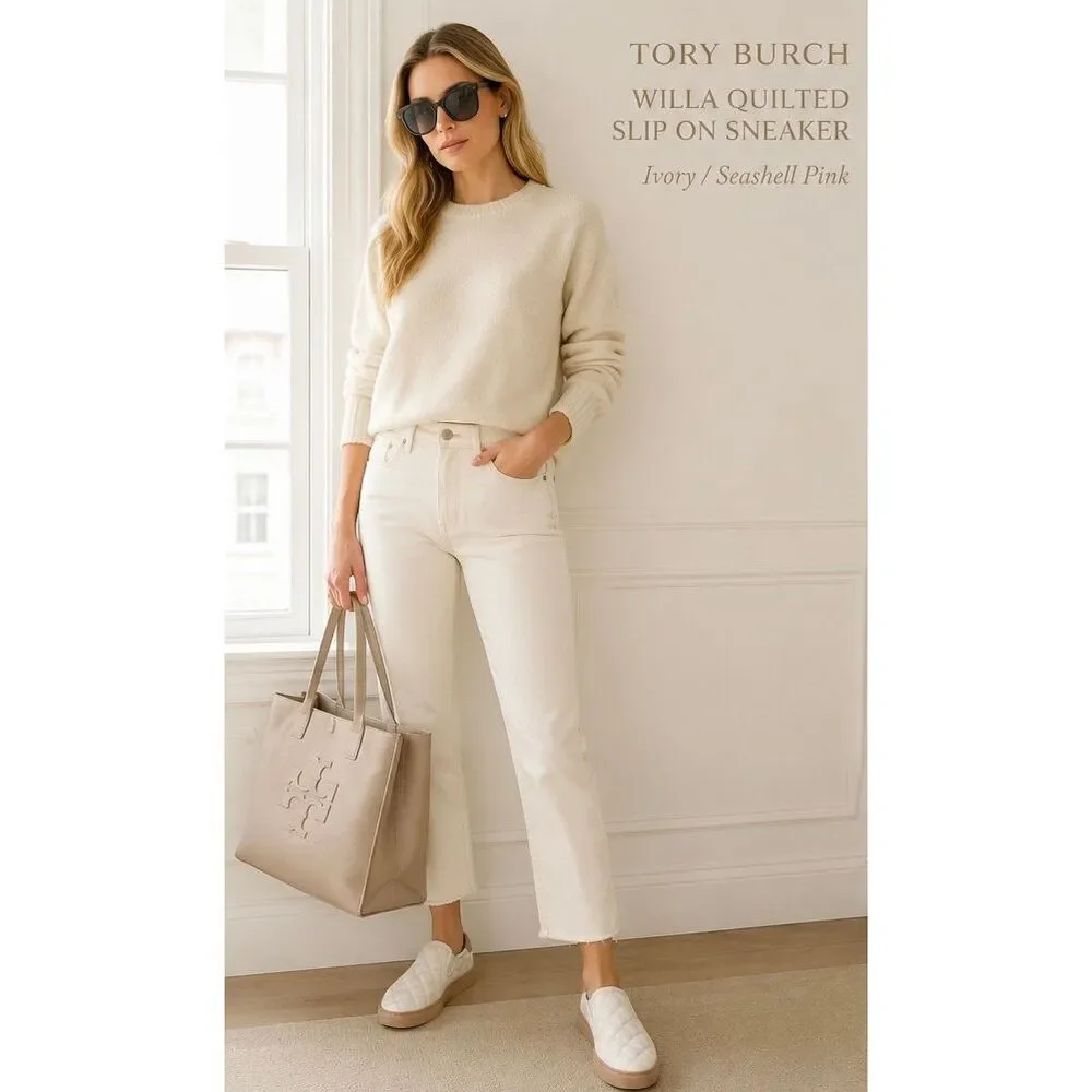 Tory Burch Willa Quilted Leather Slip On Sneakers Ivory Blush Size 7
